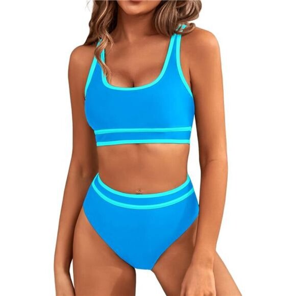 Women's Sporty High Waisted Bikini Set, Color Block Two Piece, Cheeky High Cut